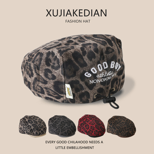 豹纹儿童帽子春秋季反带贝雷帽男女宝宝出游防风帅气英伦前进帽冬