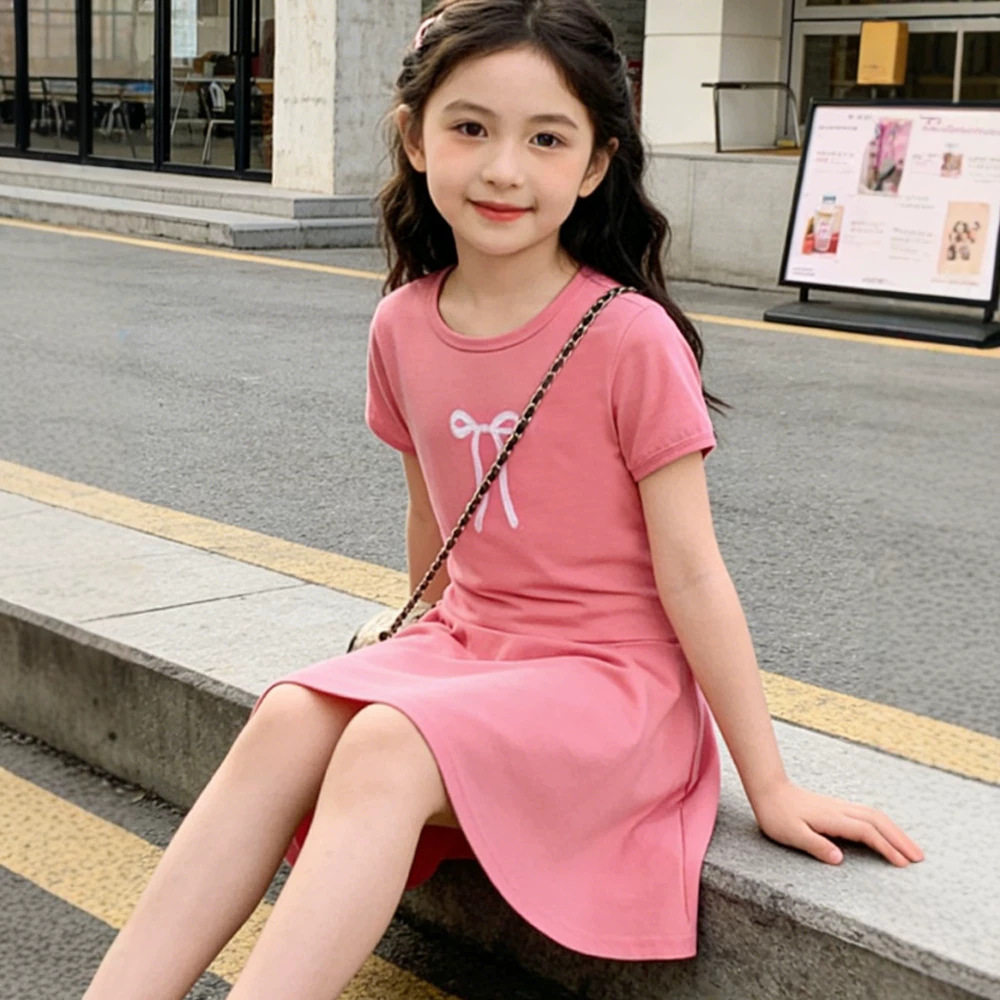 2026夏季新款女童蝴蝶结连衣裙收腰儿童短袖A字裙中小童休闲T恤裙
