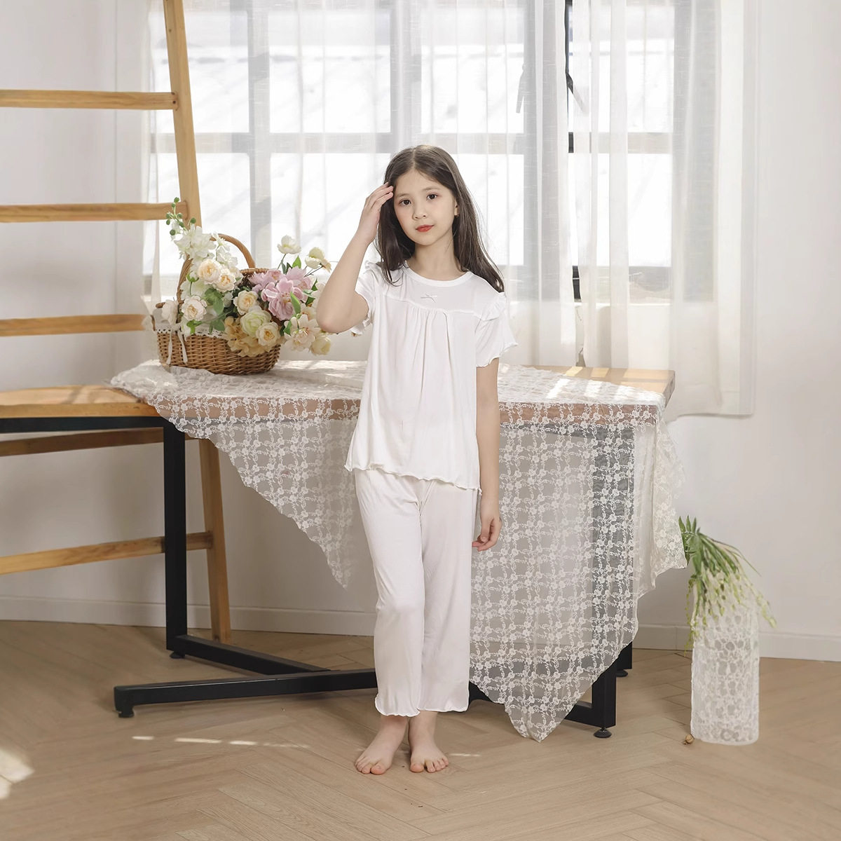 儿童春秋家居服莫代尔宝宝夏季空调服小女孩韩版宽松长袖睡衣睡裙