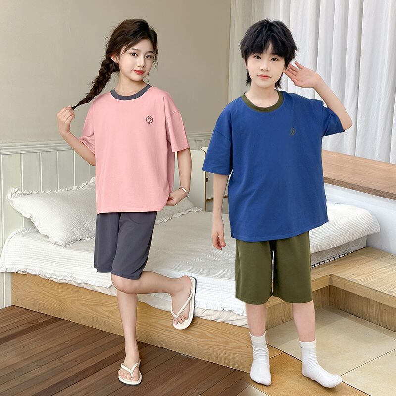 儿童睡衣纯棉男童落肩宽松女童短袖套装青少年家居服莱卡棉空调服