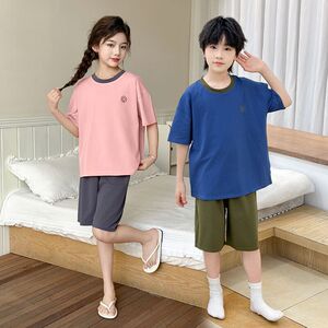 儿童睡衣纯棉男童落肩宽松女童短袖套装青少年家居服莱卡棉空调服