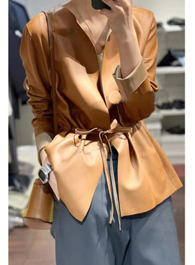 真皮皮衣女2025新款开衫小外套圆领绵羊皮短款夹克收腰带宽松显瘦