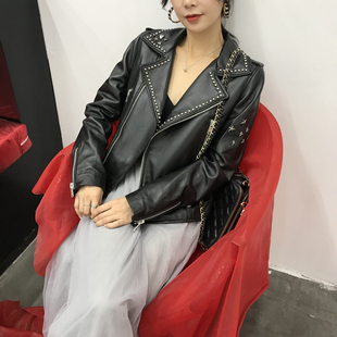 铆钉皮夹克外套 绵羊皮修身 2018海宁秋冬新款 真皮皮衣女短款
