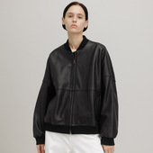 2025秋冬新款 真皮绵羊皮夹克廓形皮衣女棒球衫 拼螺纹机车服外套