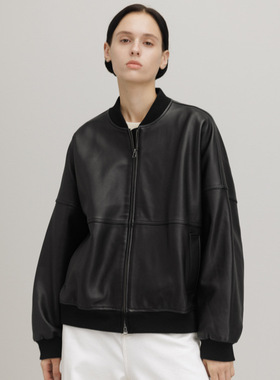 2025秋冬新款真皮绵羊皮夹克廓形皮衣女棒球衫拼螺纹机车服外套