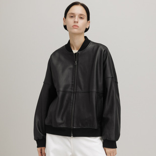 2025秋冬新款 拼螺纹机车服外套 真皮绵羊皮夹克廓形皮衣女棒球衫
