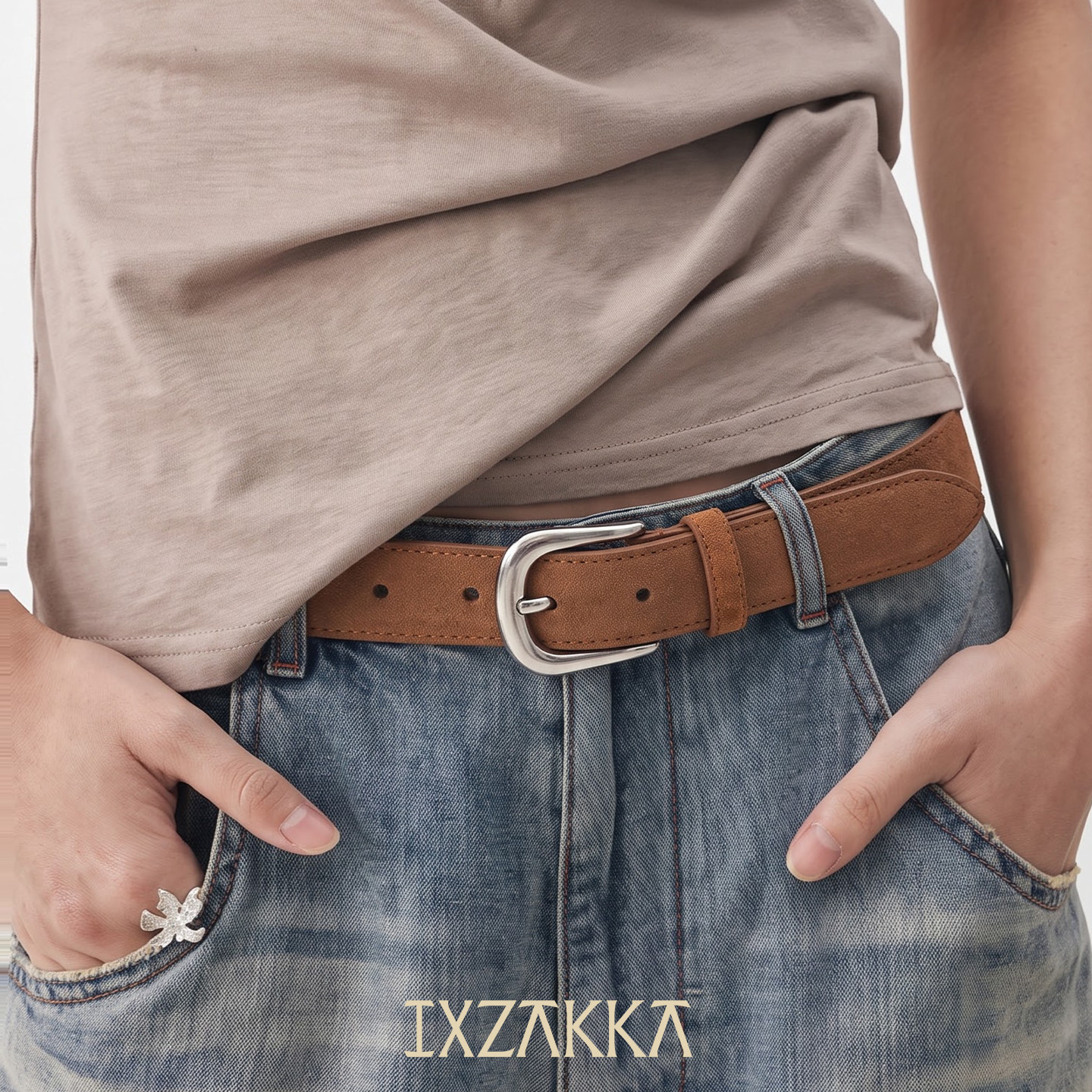 IXZAKKA 韩版时尚麂皮绒面腰带女通勤复古银色针扣皮带女2026新款