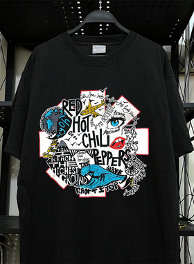 Red Hot Chili Peppers红辣椒乐队美式小领口复古重磅棉短袖T恤潮