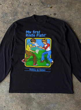 街头学院风插画艺术感简约oldschool潮流长袖美式复古男女纯棉T恤