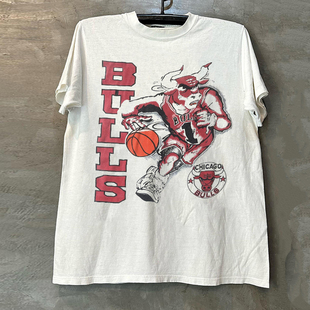 Chicago Bulls公牛队篮球运动潮牌短袖T恤hiphop经典小领口半袖男