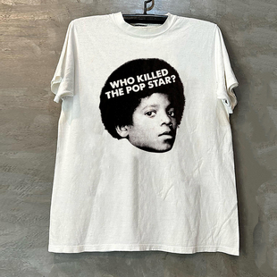 Michael Jackson迈克尔·杰克逊人像直喷hiphop潮牌小领口短袖T恤