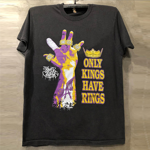湖人队科比冠军戒指潮牌印花短袖T恤hiphop美式复古圆领体恤衫