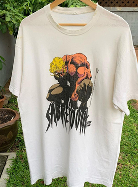 ins超火Sabretooth周边卡通动漫印花短袖T恤男oversize情侣装tee