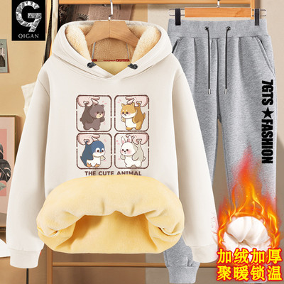 冬季青少年加绒加厚保暖连帽套装