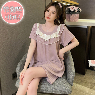 套头家居服夏季 韩版 自带胸罩短裤 少女款 薄 睡衣蕾丝花边甜美风短袖