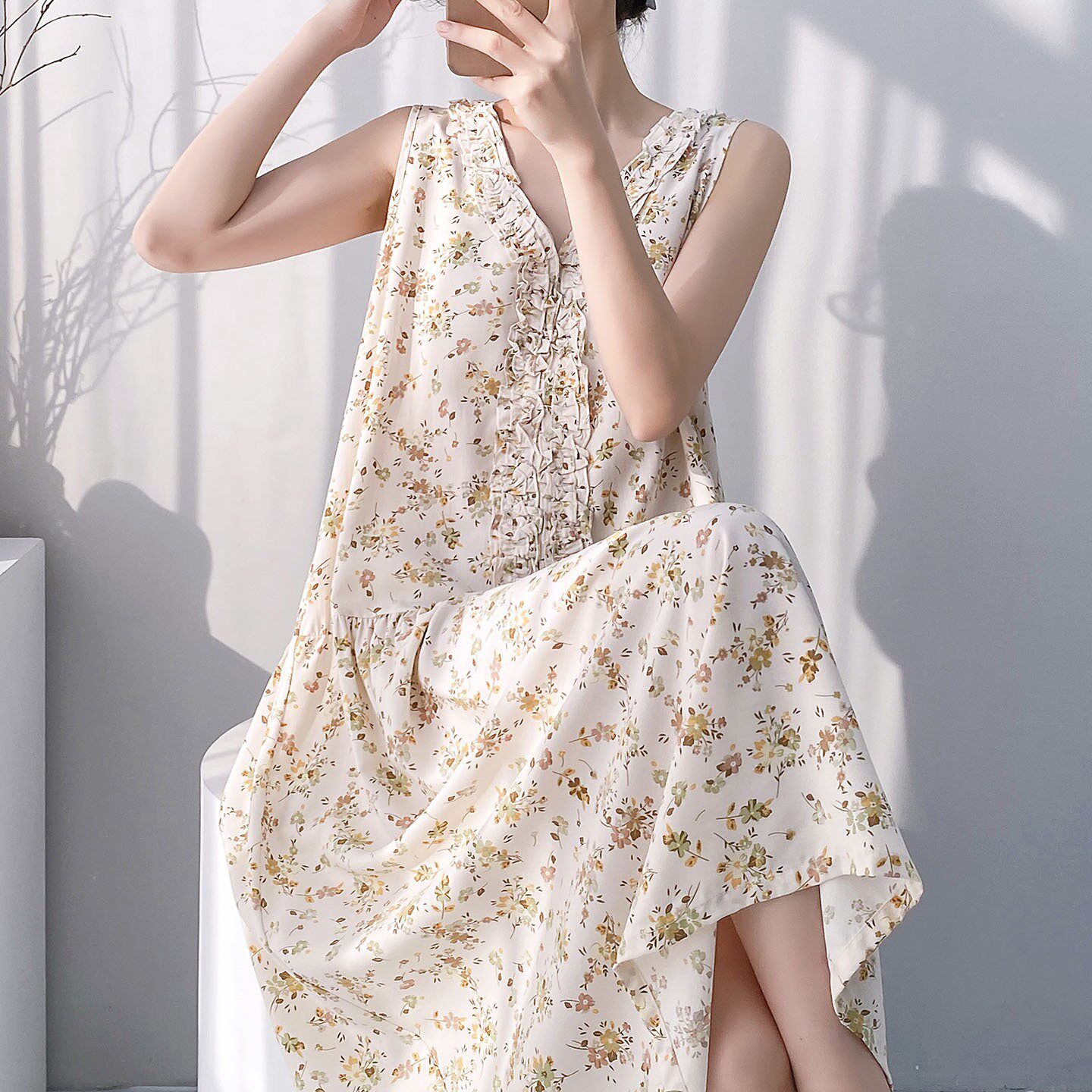 2026棉绸无袖睡裙夏天连衣裙女士V领睡衣背心家居服坎肩裙人造棉