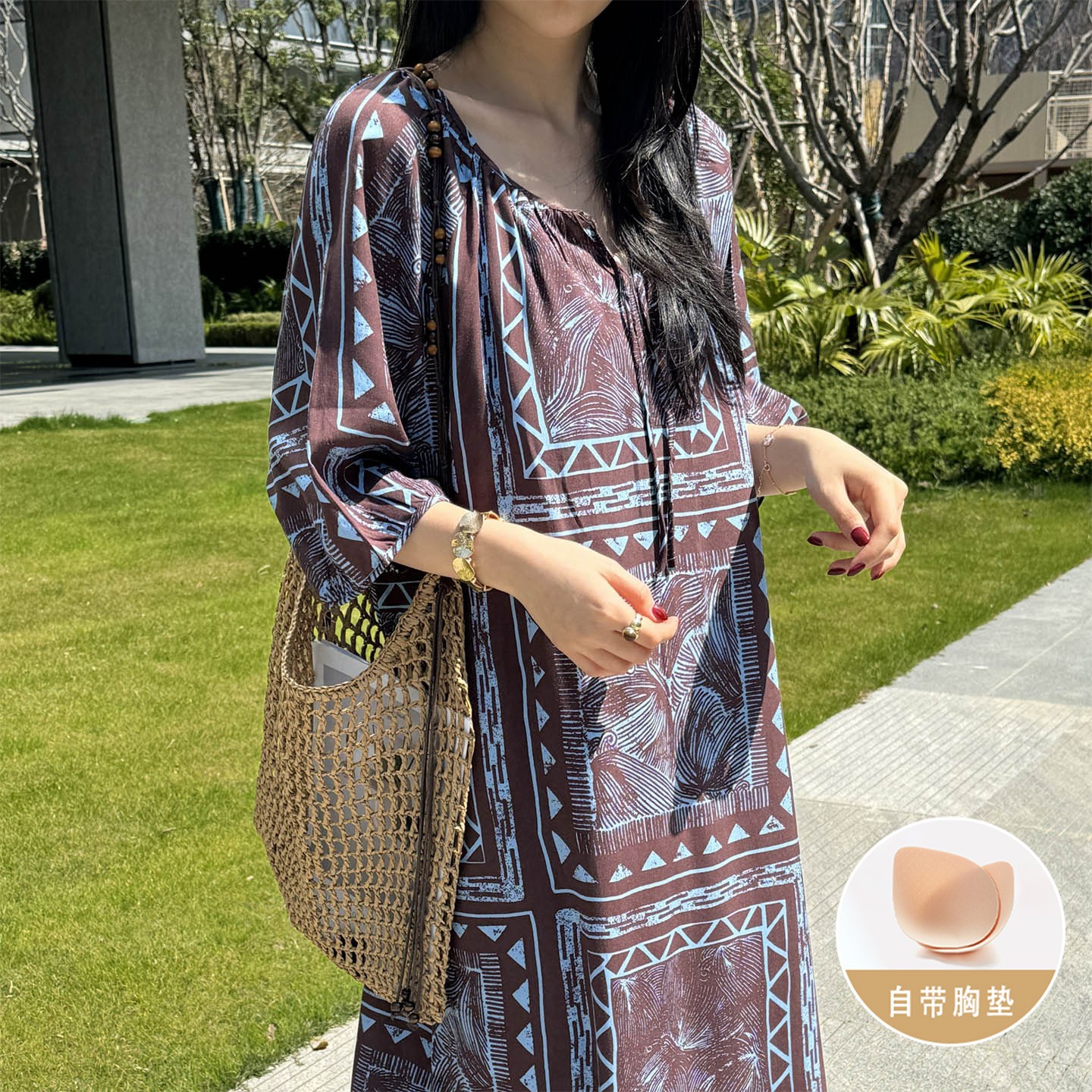 夏季棉绸自带胸垫过膝睡裙短袖裙