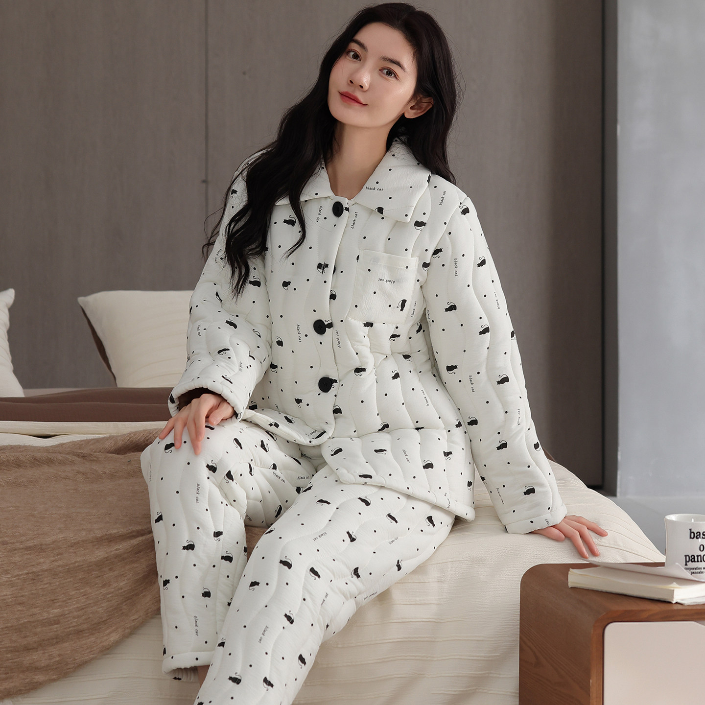 冬天加厚保暖珊瑚绒夹棉睡衣女款开衫棉服套装休闲棉衣棉裤家居服