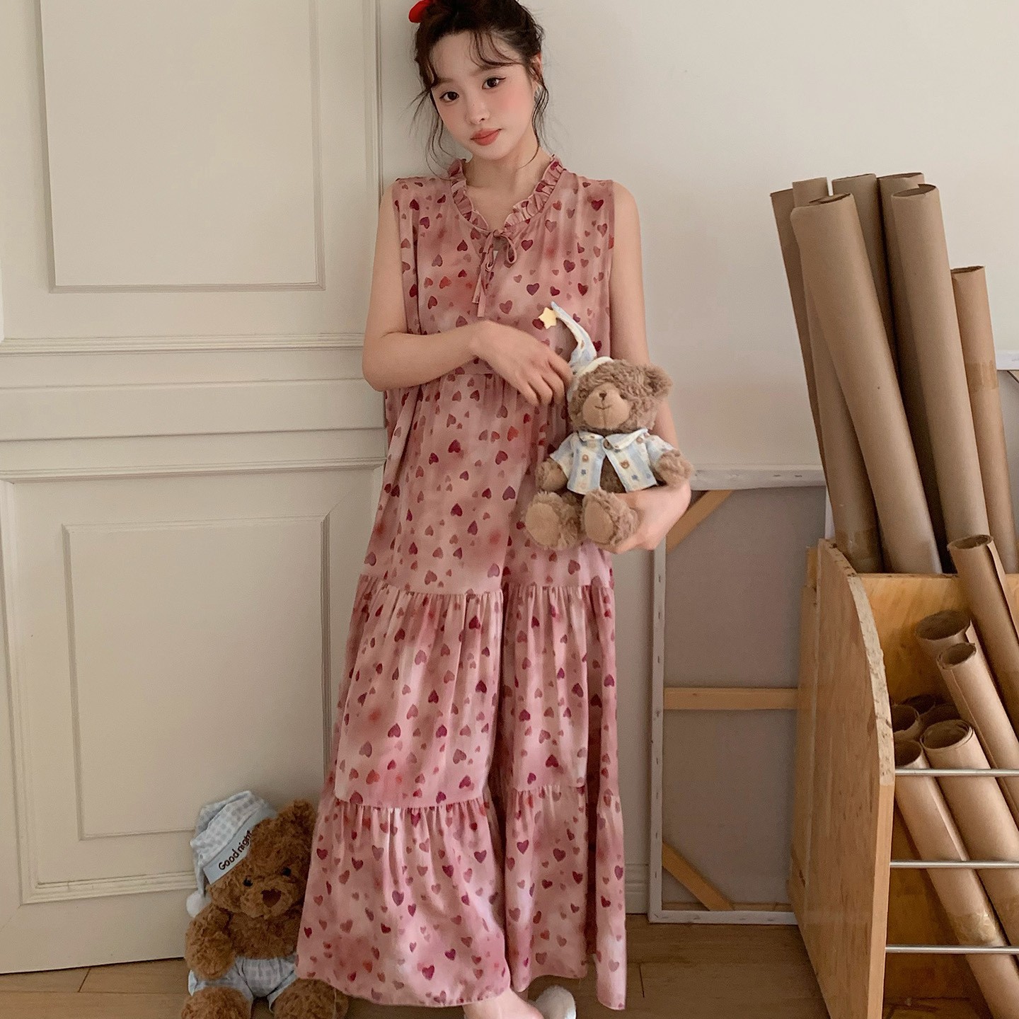 高个子加长版过膝盖睡裙夏季无袖背心睡衣长裙女士棉绸家居服裙子