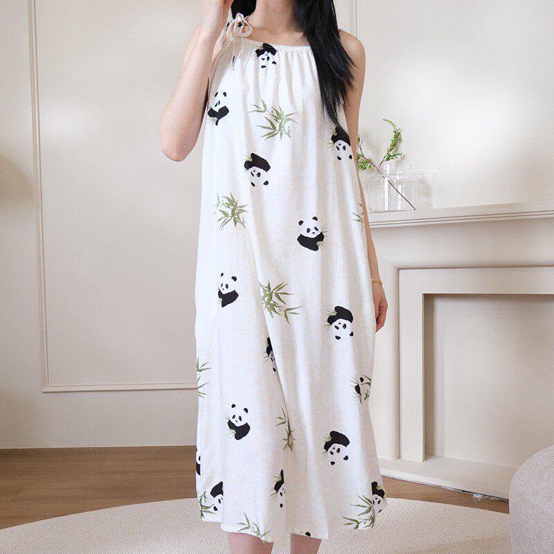 夏天无袖吊带睡裙棉绸背心坎肩连衣裙宽松女士背心睡衣中长款裙子