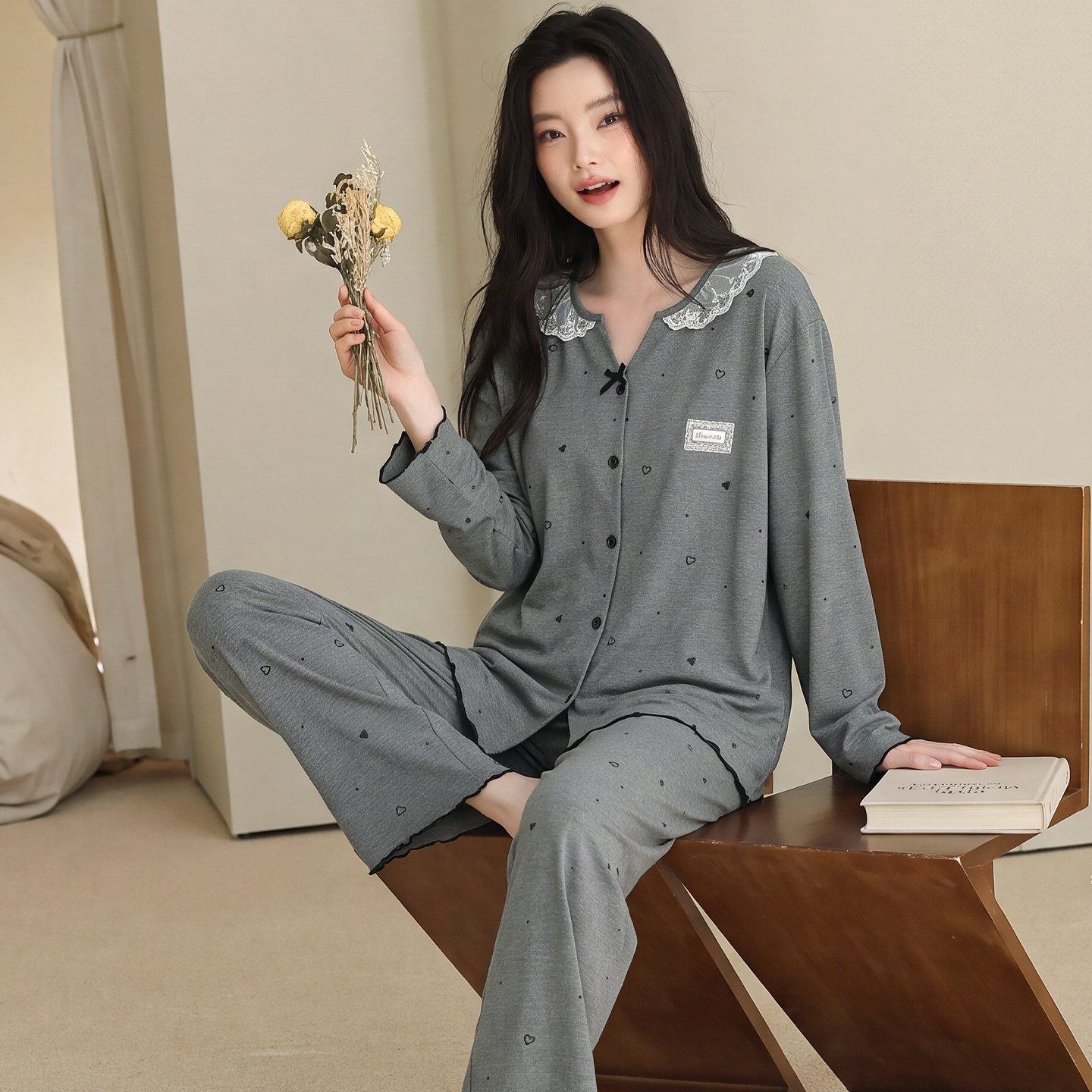 2026纯棉质开衫长袖长裤睡衣春秋季女款休闲可外穿全棉家居服套装