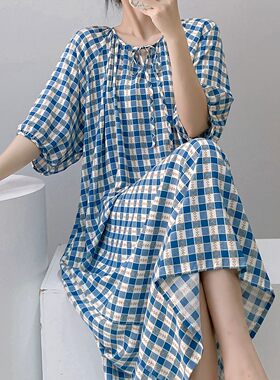 夏季棉绸格子短袖加长睡裙家居服