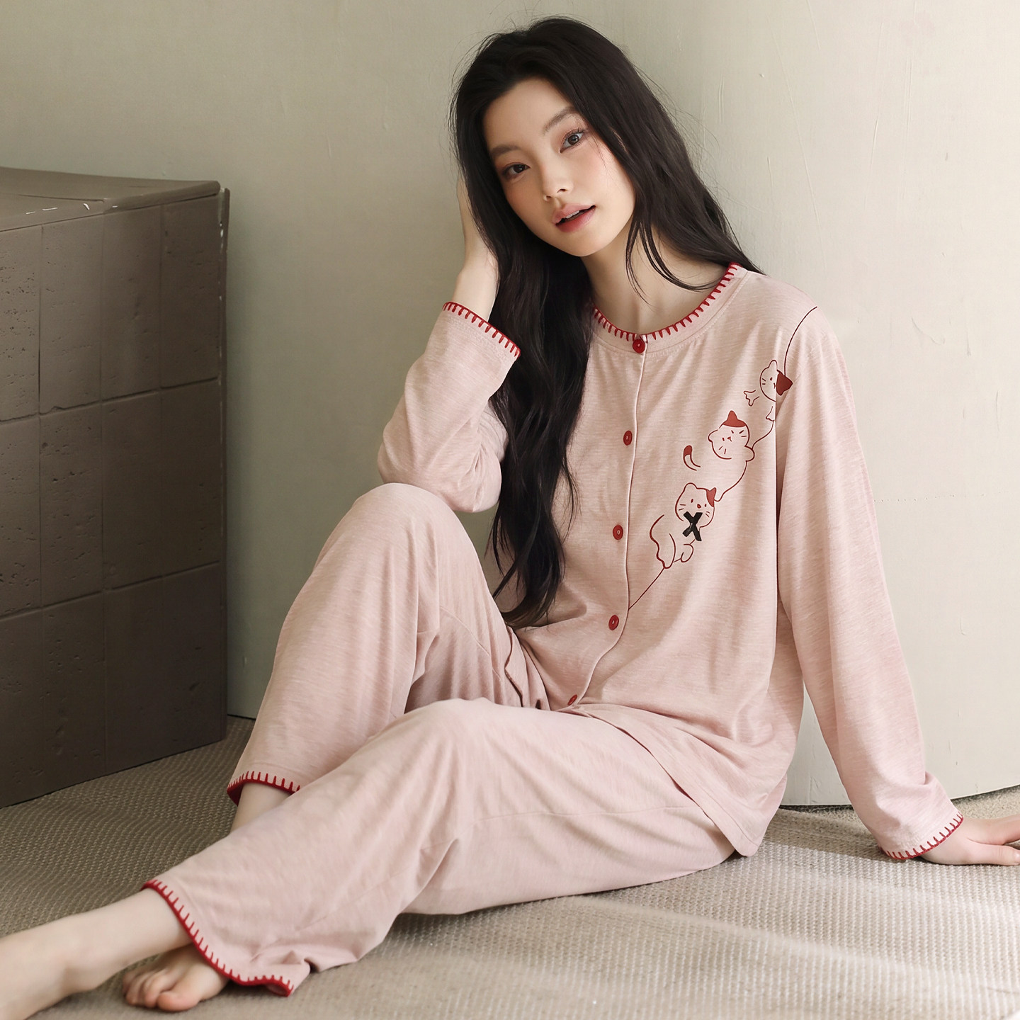 韩版休闲圆领开衫长袖长裤睡衣套装女款全棉家居服甜美春秋装纯棉
