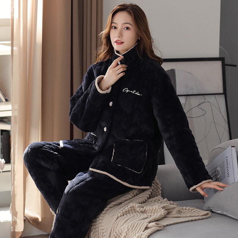 三层加厚珊瑚绒夹棉睡衣冬天女款棉袄可外穿棉衣棉裤套装家居服冬