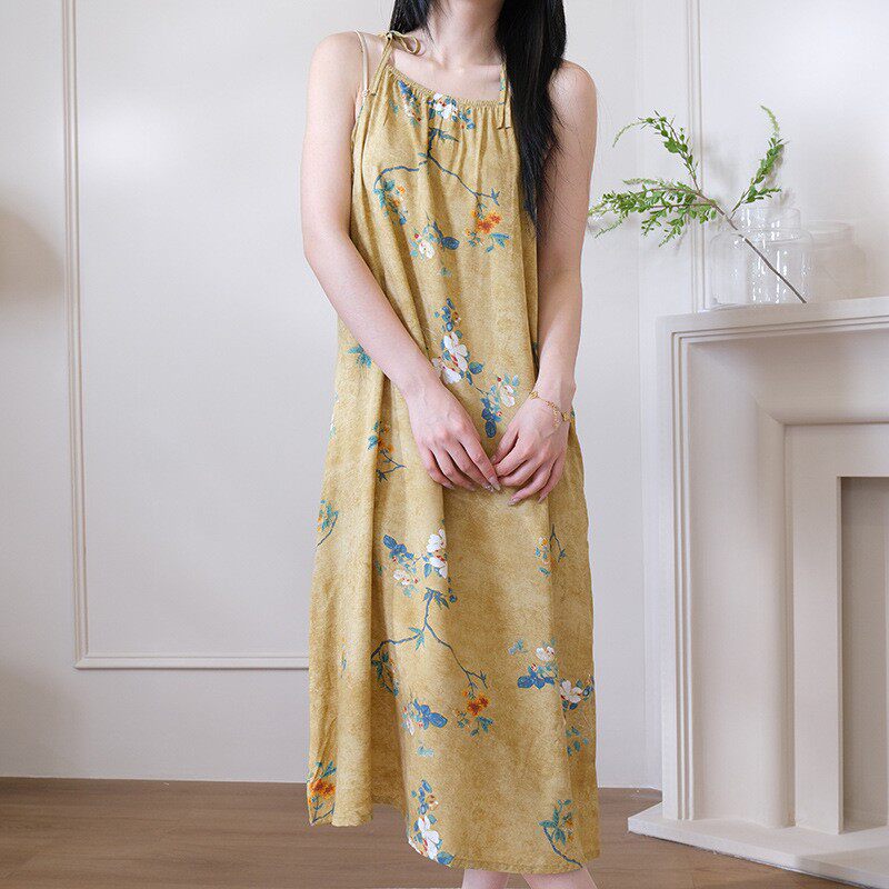 宫廷式无袖吊带睡裙棉绸连衣裙夏天中长款家居服背心睡衣女士裙子