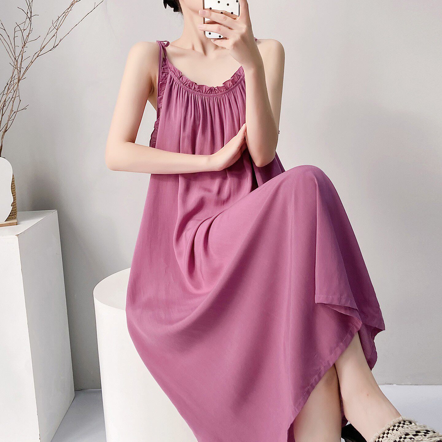 人造棉睡衣夏季女款清凉无袖吊带连衣裙坎肩家居服中长款睡衣裙子