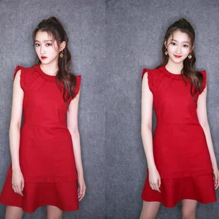 关晓彤明星同款花边鱼尾连衣裙收腰显瘦女夏季短裙红色惊艳礼服裙