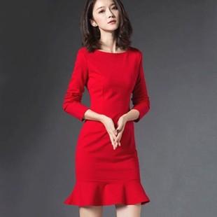 26春季连衣裙女长袖包臀鱼尾裙修身显瘦红色礼服小黑裙大码打底裙