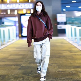 刘雯明星同款连帽卫衣女秋冬季加绒宽松酒红色慵懒风休闲长袖上衣