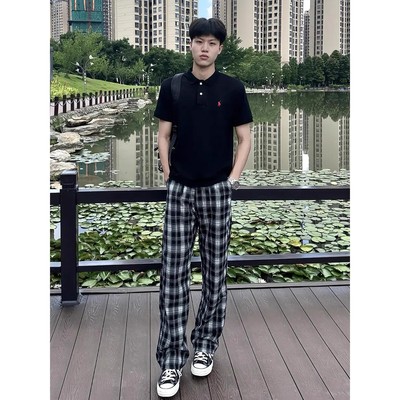 垂坠感高级感弯刀裤子男美式复古慵懒风格子裤cleanfit直筒微喇裤