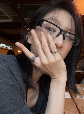 高智感复古半框素颜镜女黑色方形欧美中古风平光镜可配度数防蓝光