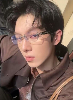 高智感纯欲无框眼镜学生复古方框银防蓝光素颜平光镜配近视男潮