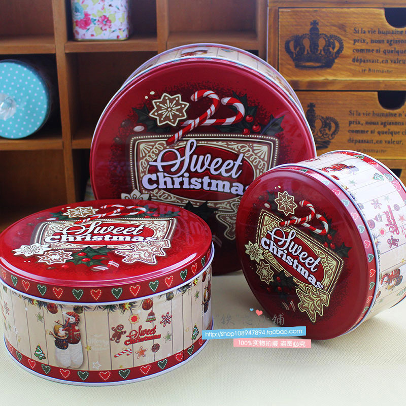 高档外贸圣诞节礼物礼品盒烘焙包装盒饼干盒糖盒铁盒圆形收纳盒子