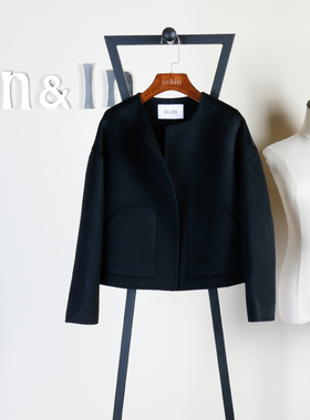 黑色短外套女 手工双面呢子羊毛羊绒大衣 高腰圆领职业OL秋冬新款