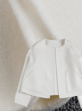 米白色短外套女双面羊毛绒呢大衣上衣高腰阔版可爱甜美保暖显瘦高