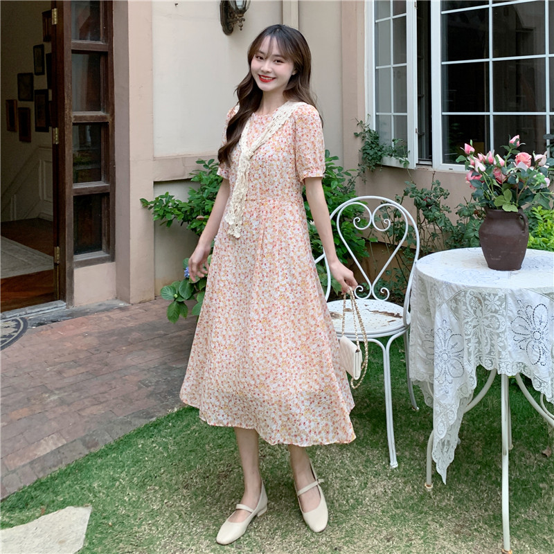 Real shot real price summer new Korean floral waist tie mid long dress + shawl two piece set