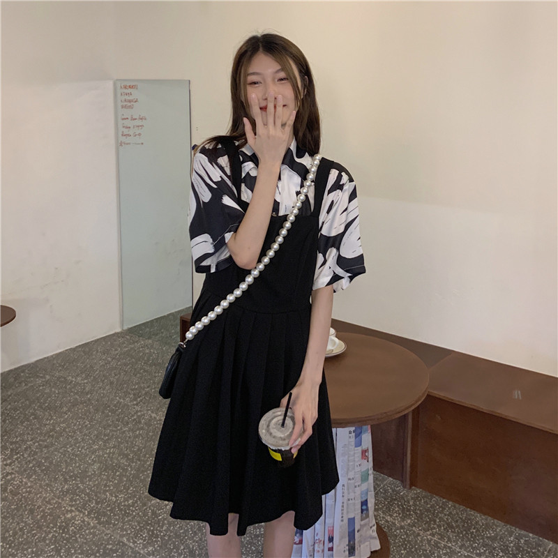 Real shooting and real price summer new Korean design printed shirt + A-line pleated suspender dress
