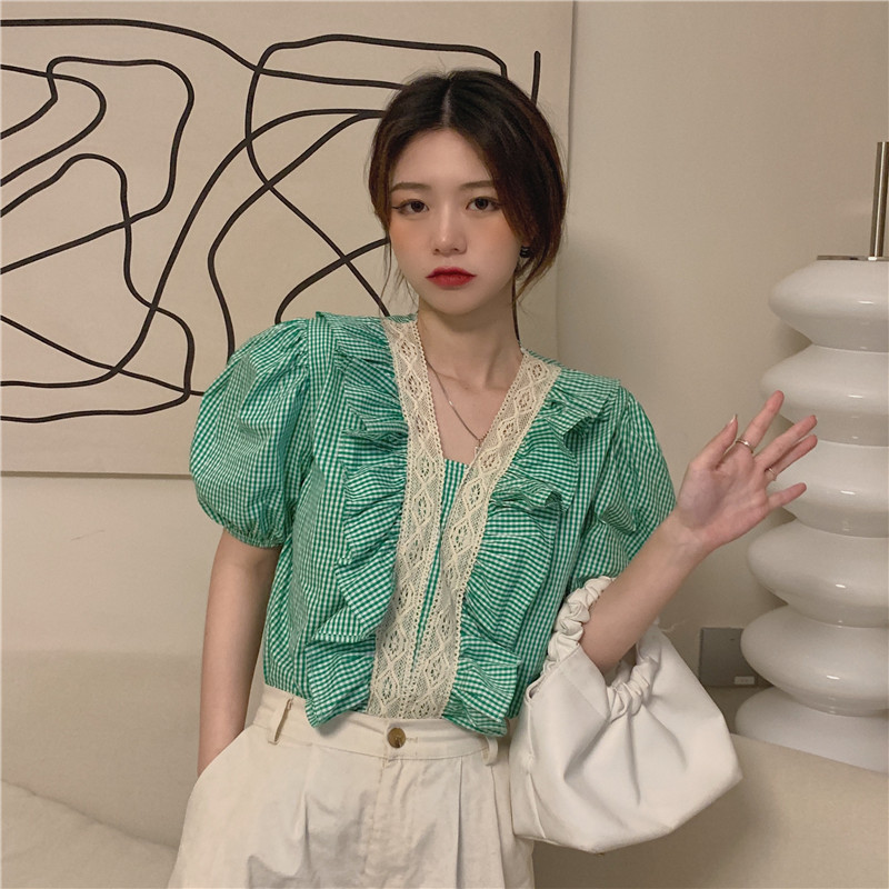 Real shot real price summer new Korean Edition design feeling small crowd Ruffle Bubble Sleeve Plaid Shirt