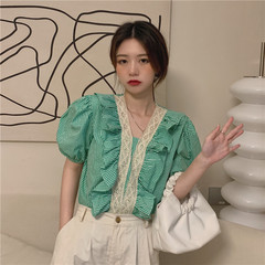 Real shot real price summer new Korean Edition design feeling small crowd Ruffle Bubble Sleeve Plaid Shirt