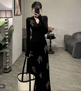 Gouya高级感V领长袖烫钻伞裙两件套2025早秋半身长裙显瘦套装