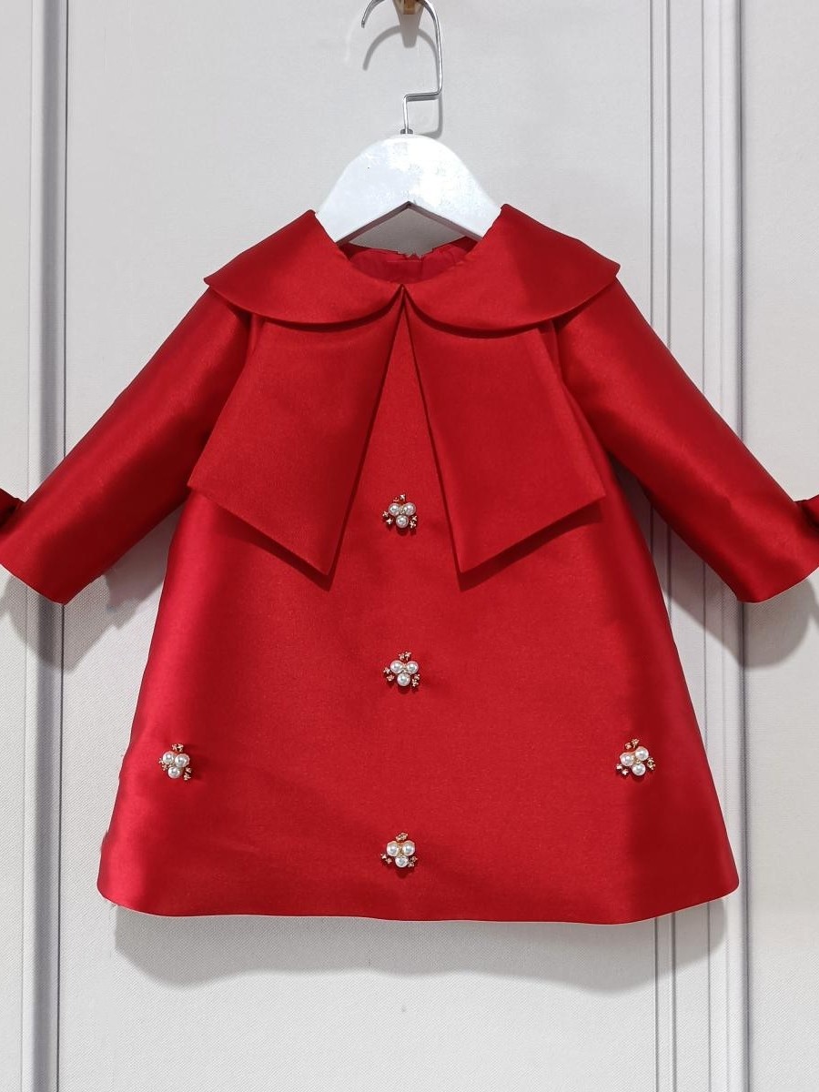 儿童礼服长袖秋女童公主裙宝宝周岁抓周生日礼服简约大红色A字裙