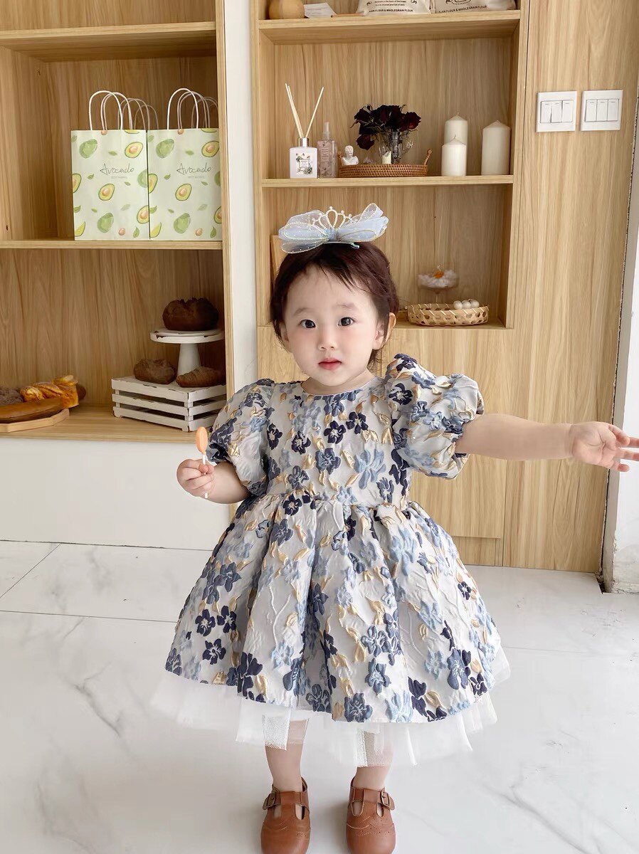 上新进口印花面料宫廷风女童礼服公主裙女宝周岁生日花童抓周礼服