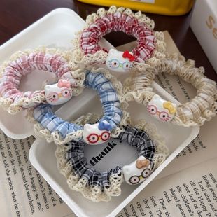 甜美花边眼镜猫发圈卡通发绳马尾小肠少女可爱蕾丝皮筋头饰ins风