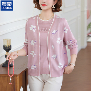 罗蒙妈妈春装针织两件套上衣中老年女2026新款春季薄款长袖衫套装