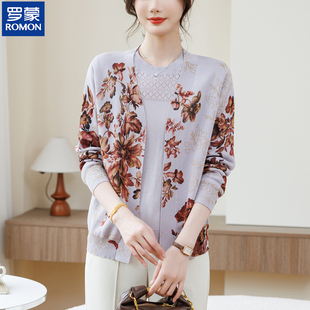 罗蒙妈妈春装新款针织两件套薄款上衣中老年人女春季T恤洋气套装