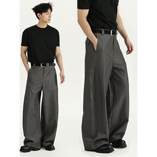 宽松阔腿直筒长裤 春夏季 裤 男松弛条纹撞色西装 慵懒设计感条纹西裤
